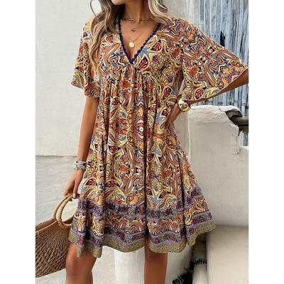 Coolmee Womens Dresses Boho Floral V Neck Short Sleeve Smocked Elastic Waist Casual A-Line Swing Mini Dress Sundress