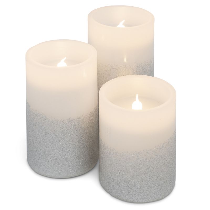 Elanze Designs Silver Tone Glitter 6 inch Wax LED Flameless Pillar Candles Set of 3, 1 of 6