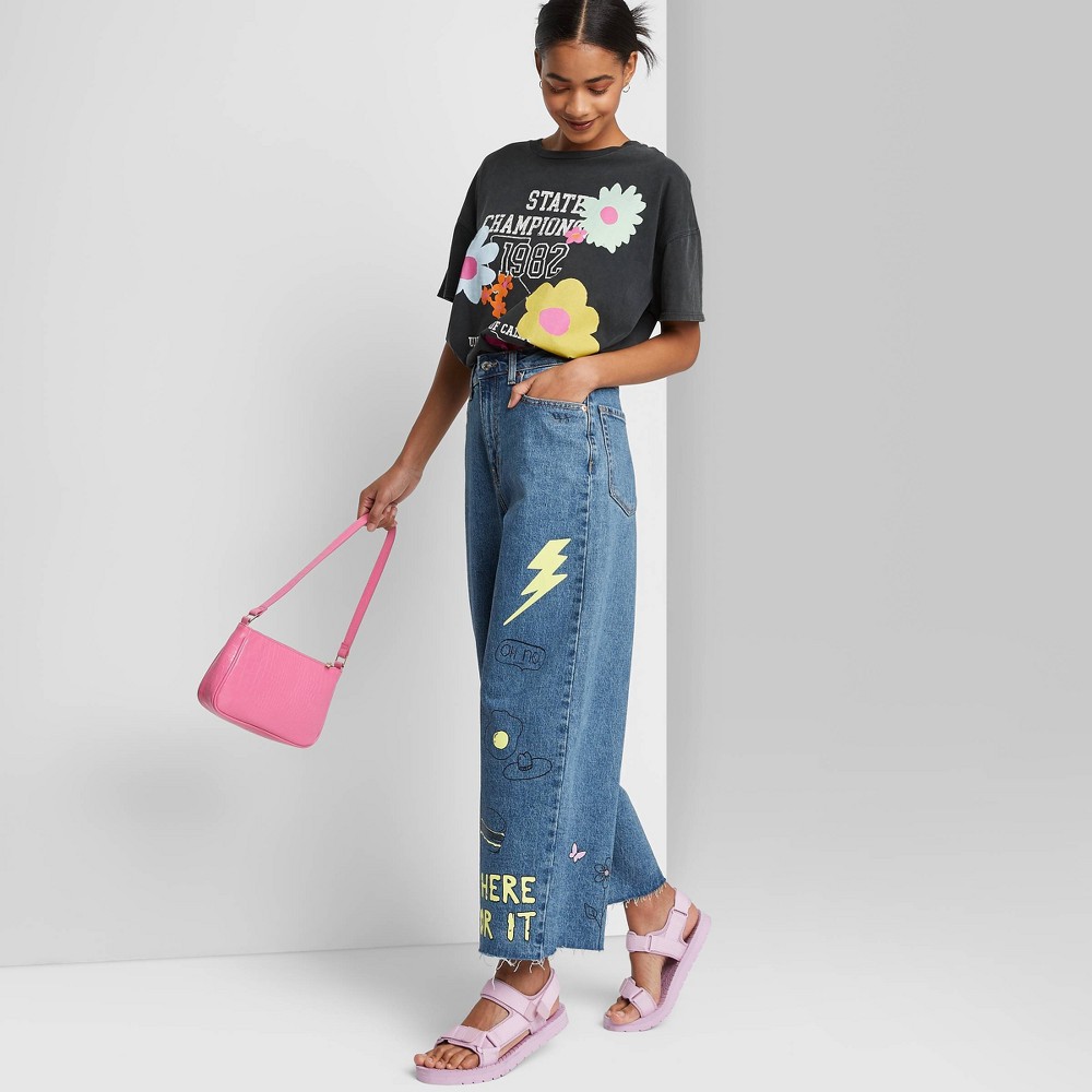 Women's Super-High Rise Wide Leg Cropped Jeans - Wild Fable Medium Wash Doodle Print 8