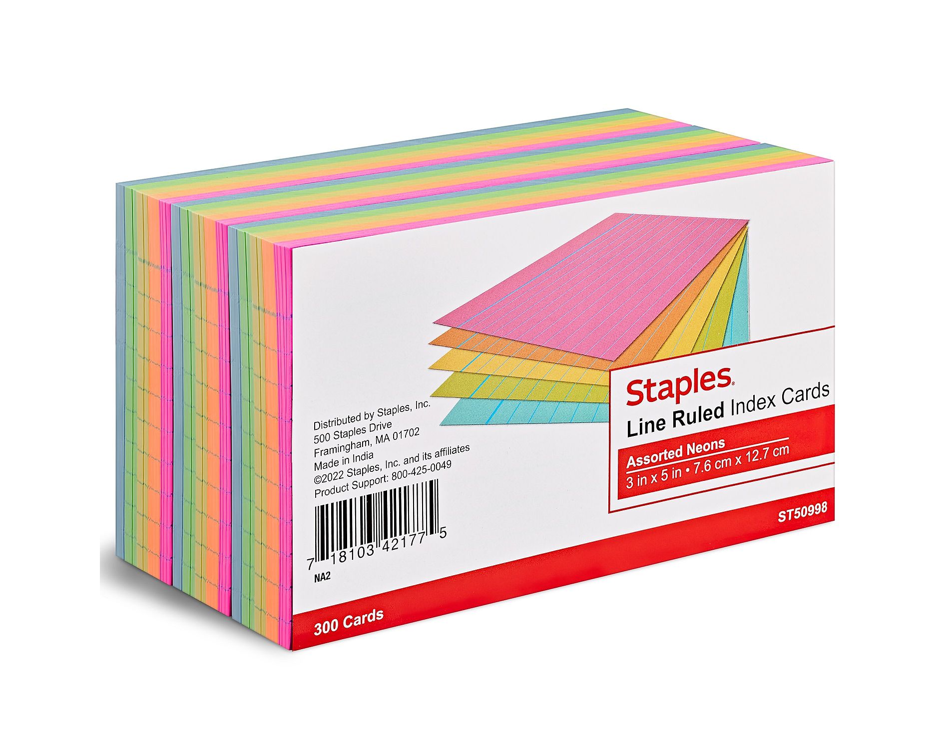 Staples 3" x 5" Line Ruled Assorted Neon Index Cards 300/Pack (50998) TR50998