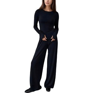 Anna-Kaci Lounge Women's Long Sleeve Woven Pajama Set with Fitted Crew Neck Top and Wide Leg Pants - 1 of 4