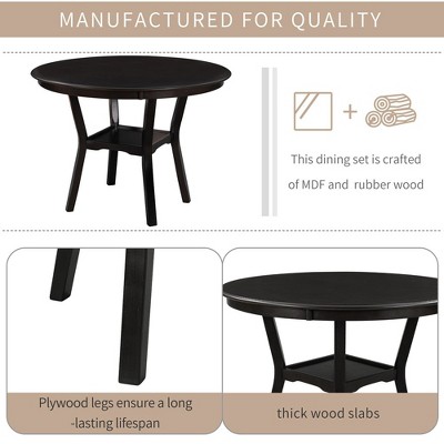 Espresso Round 5-Piece Dining Set with Beige Upholstered Chairs