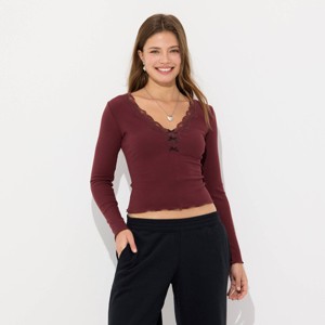 Women's Long Sleeve V-Neck Lace Trim Super Soft Top - Wild Fable™ - 1 of 3