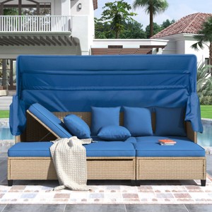 4 Pieces Wicker Patio Sofa Set,Wicker Daybed with Retractable Canopy and Lifting Table,Rattan Outdoor Conversation Set with Cushions-Coolbibila - 1 of 4