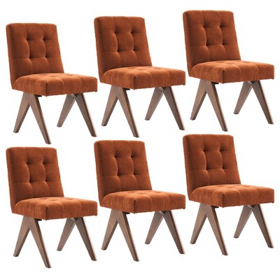 YOUNIKE Modern Upholstered Chair Dining Room Armless Kitchen Chairs Set of 6 Linen Fabric Chair Vanity with 4.7" Thick Cushion Wood V-Leg
