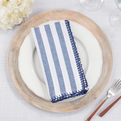 Navy and White Striped Cotton Napkins with Pompom Border, Set of 4