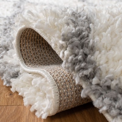 Ivory and Light Grey Diamond Shag Area Rug with Tassels