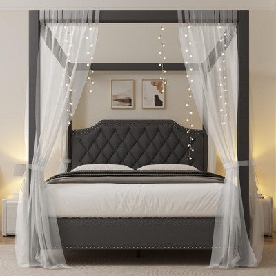 Queen Canopy Bed Frame Upholstered Button Tufted Headboard Four Poster Design Slide Rail No Box Spring Wooden Slatted Structure Gray
