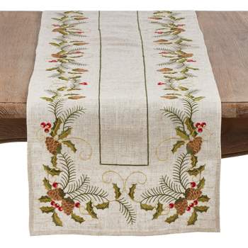 Saro Lifestyle Embroidered Pinecone and Holly Runner
