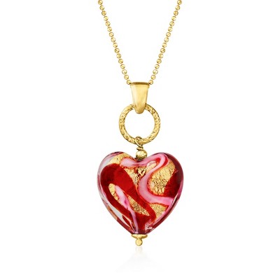 Ross-Simons Italian Red and Pink Murano Glass Heart Necklace in 18kt Gold Over Sterling