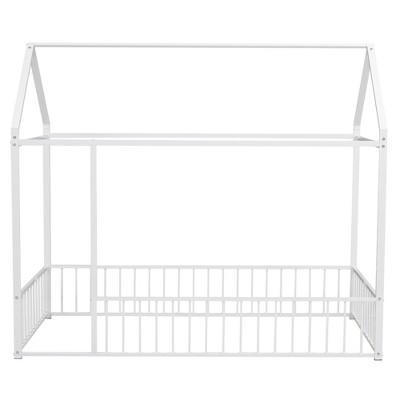 Bellemave Twin Size Montessori Floor Bed with Fence, Metal House Floor Bed Frame for Kids, White