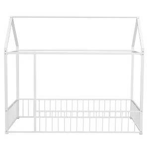 Bellemave Twin Size Montessori Floor Bed with Fence, Metal House Floor Bed Frame for Kids, White - 1 of 4