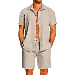 COOFANDY Men's 2 Pieces Cotton Linen Set Short Sleeve Button Down Shirts Summer Beach Shorts Casual Outfits - 1 of 4