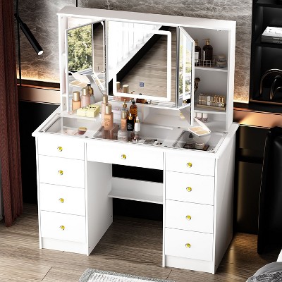 FUFU&GAGA LED Makeup Vanity with 9 Drawers Elegant Makeup Station