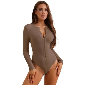 Allegra K Women's Zip Front Long Sleeve Slim Fit Knit Body Shapers - 1 of 4