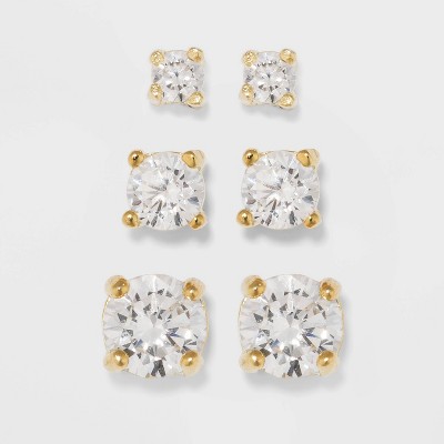 Gold Over Sterling Silver Cubic Zirconia Stud Fine Jewelry Earring Set 3pc - A New Day™ Gold/Clear