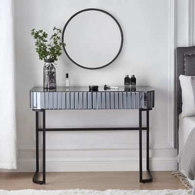 FURNIinspire Vanity Tables Mirrored Makeup Vanity Table With Stainless Steel Base, Mirrored Dressing Table With 2 Drawers, Black, 39.4"*17.7"*29.3"