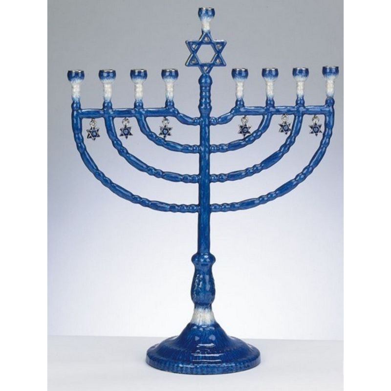 Rite Lite 12" Hanukkah Enameled Menorah with Star of David Charms - Blue/White, 1 of 2