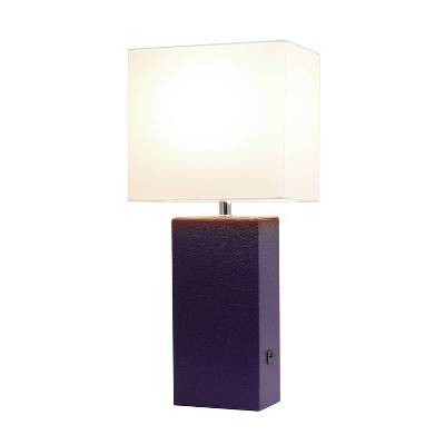 Eggplant Leather Nightstand Lamp with White Fabric Shade and USB Port