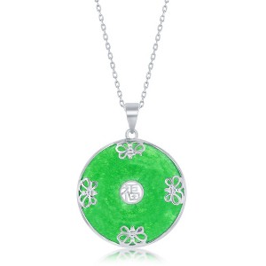 Bella Silver Sterling Silver Round w/Small Butterfly 'Good Luck' Jade 18" Pendant Necklace - Green - 1 of 2