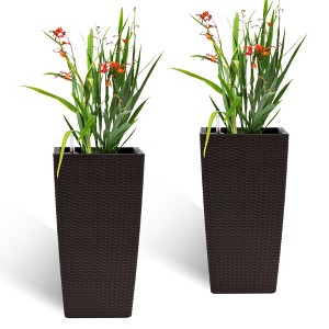 NAYSAYE Planter Square Planter with Automatic Watering System Faux Rattan Design for Indoor Outdoor Garden, Brown, 11.02"*11.02"*22.6" - 1 of 4