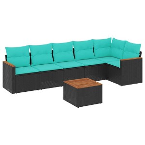 vidaXL Patio Sofa Set Black Poly Rattan Large Detachable - Black and Blue With Table - 1 of 4