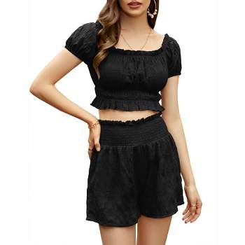 WhizMax Women's Two Piece Outfits Elastic High Waisted Shorts Off Shoulder Ruffle Crop Top Casual Short Pant Sets
