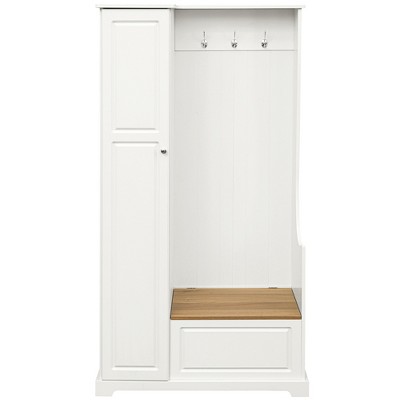 Vynxaria Hall Trees: White Minimalist Entryway Organizer with Flip-Up Bench and Adjustable Shelves