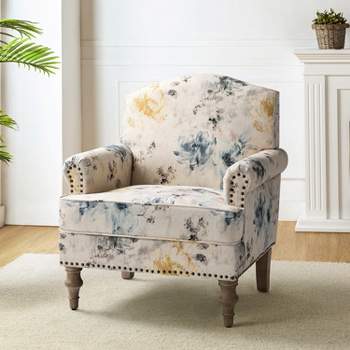 Yahweh Wooden Upholstered  Floral Pattern Design Armchair with Panel Arms and Camelback for Bedroom  | ARTFUL LIVING DESIGN