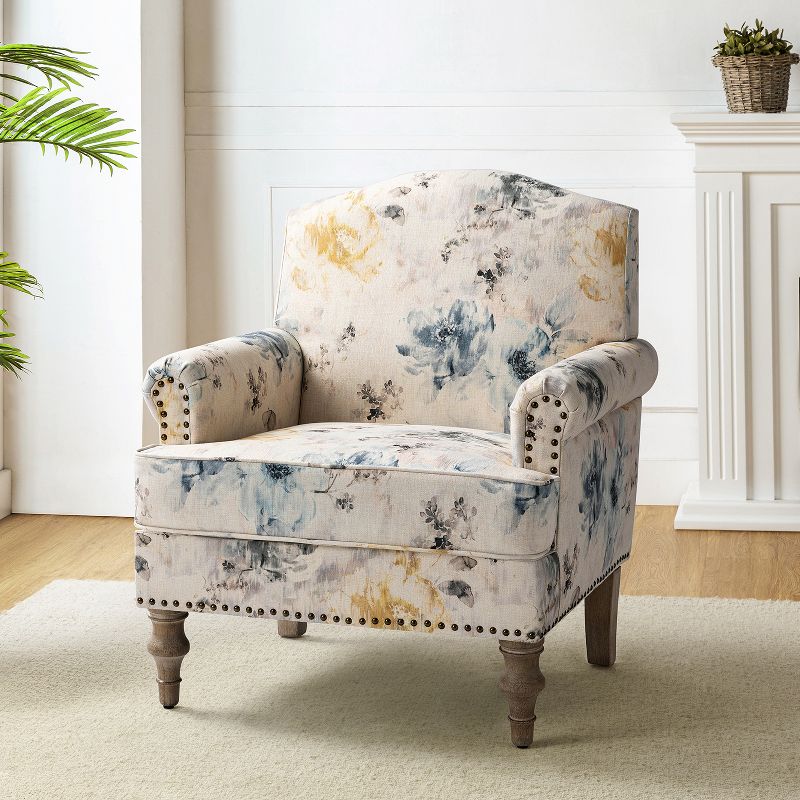 Yahweh Wooden Upholstered  Floral Pattern Design Armchair with Panel Arms and Camelback for Bedroom  | ARTFUL LIVING DESIGN, 1 of 12