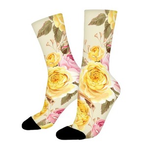 Pink Yellow Flowers Birds Bees Women Printed Crew Socks Funny Funky Socks Soft Polyester Novelty Gifts for Artists Men - 1 of 1