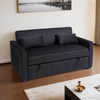 Sleeper Sofa Bed, 3-in-1 Velvet Pull Out Couch with Armrests, Storage Pockets and 2 Pillows, Adjustable Backrest - Leovsnove