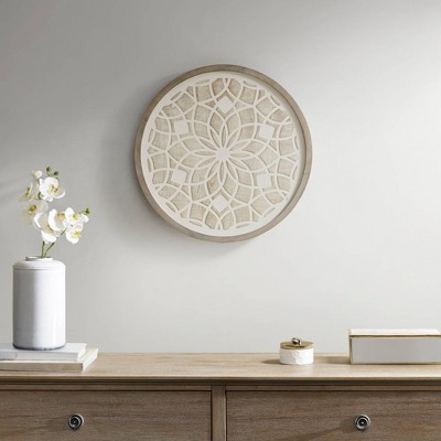 Natural White Carved Wood Round Medallion Wall Sculpture