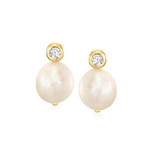 Ross-Simons Italian 12-13mm Cultured Pearl and .40 ct. t.w. CZ Drop Earrings in 18kt Gold Over Sterling - 1 of 3