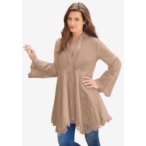 Roaman's Women's Plus Size Poplin Embroidered Swing Tunic - 1 of 4