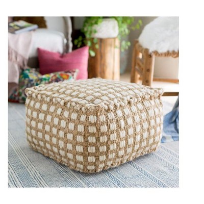 Natural Fiber White and Beige Woven Pouf