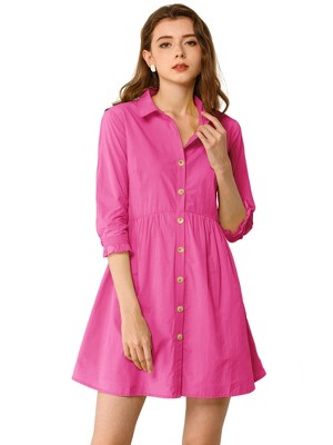 INSPIRE CHIC Women's 3/4 Sleeve Button Front Solid Color Flare Mini Shirt Dress