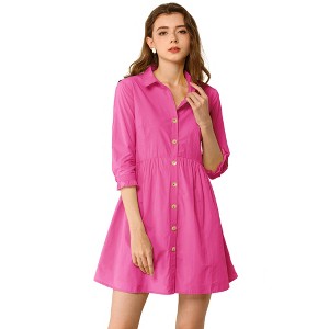 INSPIRE CHIC Women's 3/4 Sleeve Button Front Solid Color Flare Mini Shirt Dress - 1 of 4
