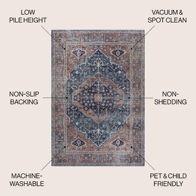 Navy and Brown Medallion Washable Chenille Area Rug 8' x 10'