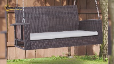 Grey Wicker Hanging Porch Swing Bench with Cushions