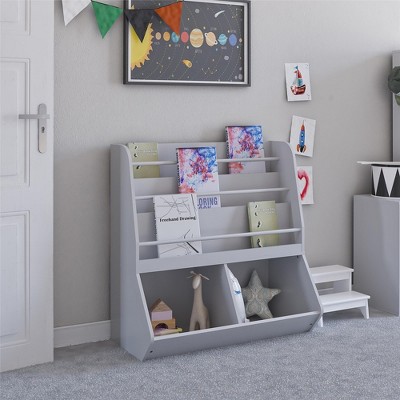 Whisen Book & Toy Storage with 3 Shelves & 2 Cubbies, Neat Playroom Organizer, Perfect Gift for Kids - Gray