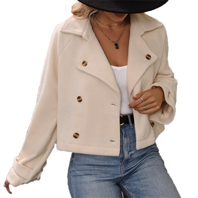 Women's Short Jacket Cardigan with Notched Lapel Button Front Plush Fleece Coat Fall Winter Cardigan