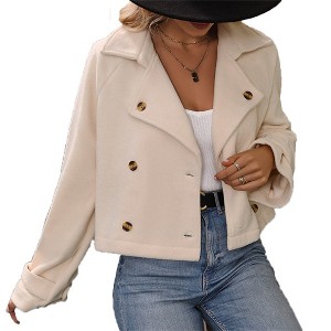 Women's Short Jacket Cardigan with Notched Lapel Button Front Plush Fleece Coat Fall Winter Cardigan - 1 of 4