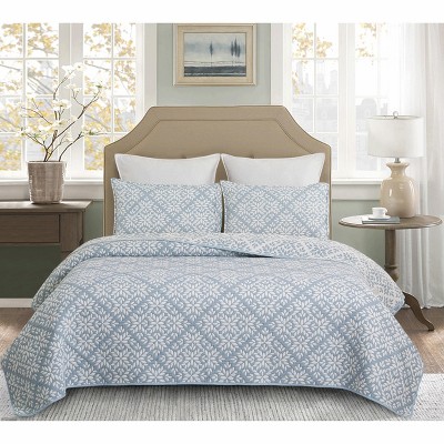 Blue and White Cotton Twin Reversible Quilt Set