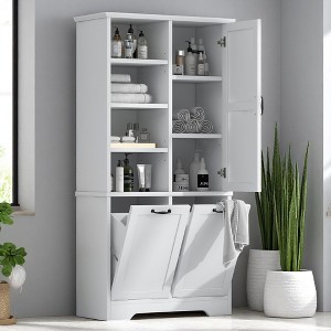 Tall Bathroom Storage Cabinet with Door, 2 Tilt-Out Laundry Hampers, Adjustable Shelves & Open Rack for Bathroom or Laundry Room - 1 of 4