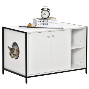 PawHut Wooden Cat Litter Box Enclosure, Multipurpose Anti-Tracking Pet Kitten House, Indoor End Table with Double Doors & Storage Shelves - 1 of 4