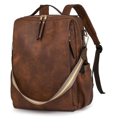 INFURNIC Backpacks Women Retro PU Leather Backpack Multi Function Large Capacity Stylish Travel Work Bag, Brown, 13.26"*16.77"*2.34"