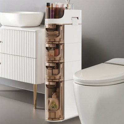 VECELO 4-Tier Slim Bathroom Storage Cabinet with Wheels & Drawers, Toilet Paper Holder, Movable Narrow Floor Cabinet for Small Space, White