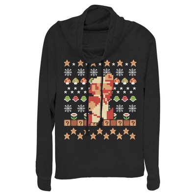 Juniors Womens Nintendo Ugly Christmas Super Mario Pixel Cowl Neck Sweatshirt