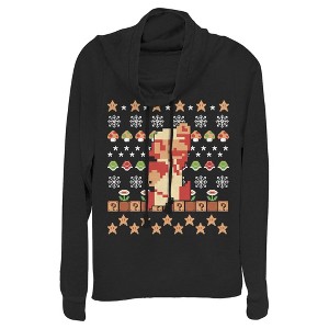 Juniors Womens Nintendo Ugly Christmas Super Mario Pixel Cowl Neck Sweatshirt - 1 of 3